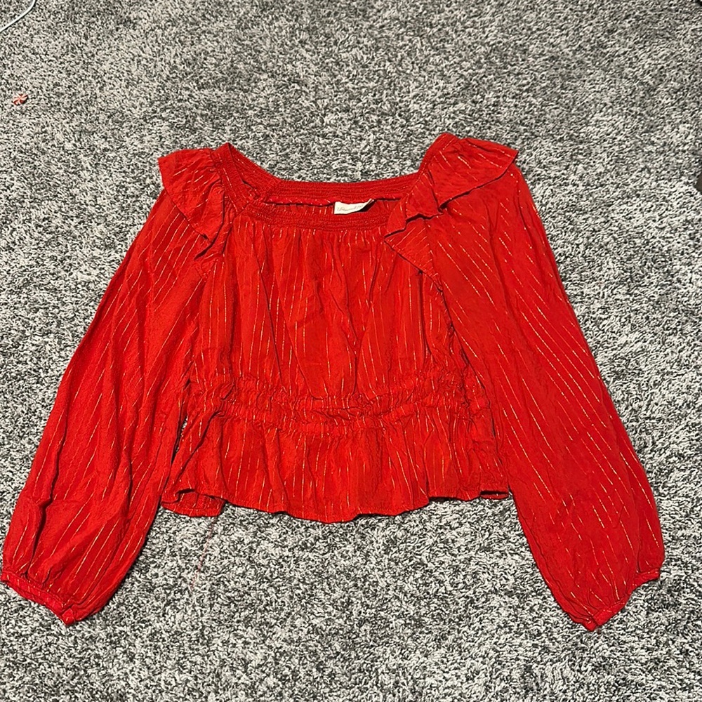 Red, gold thread detail peplum blouse